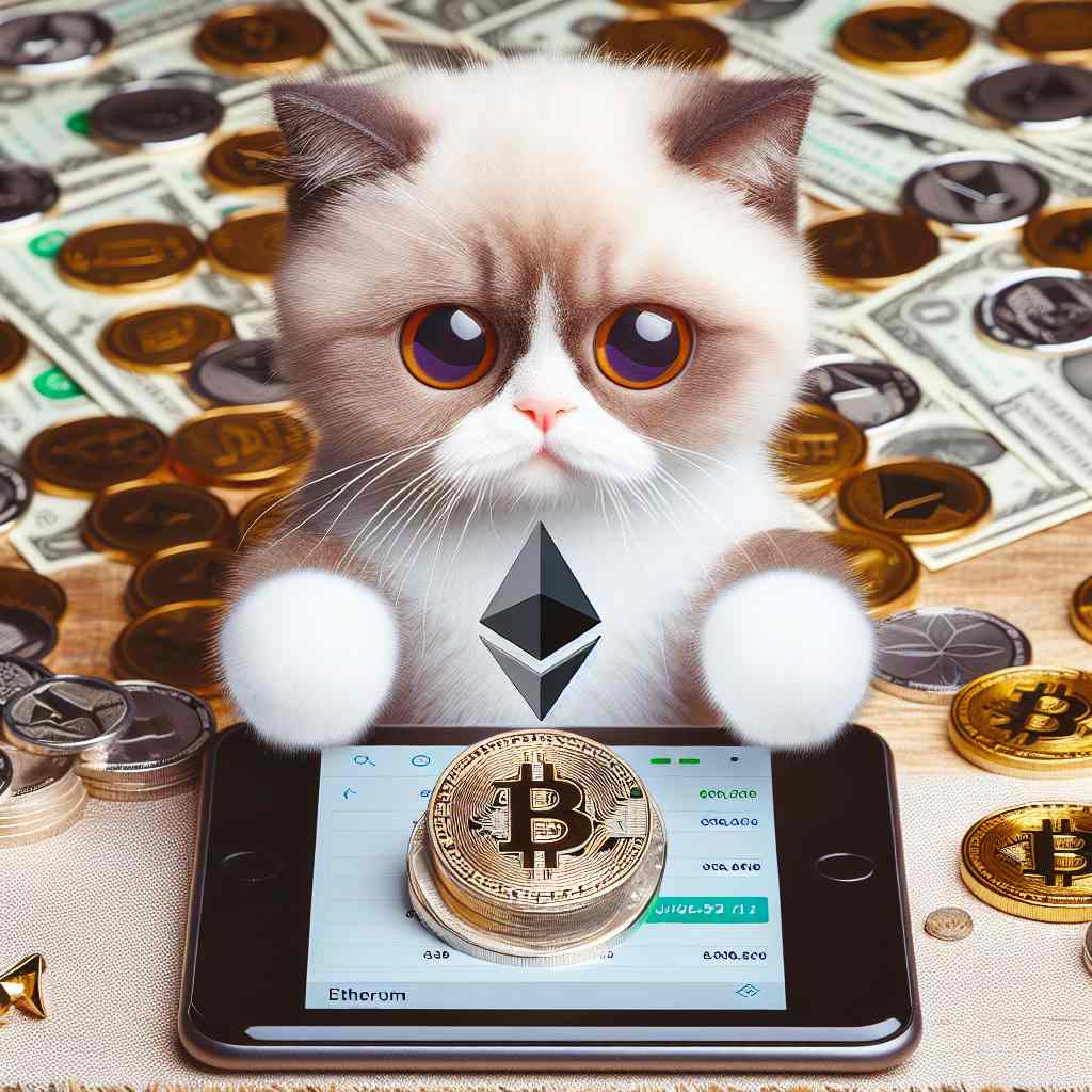 s-「イーサリアムのロゴを模した可愛い猫が、クリプトトレードで真剣にデバイスを見つめている姿、周囲にはコインの山。