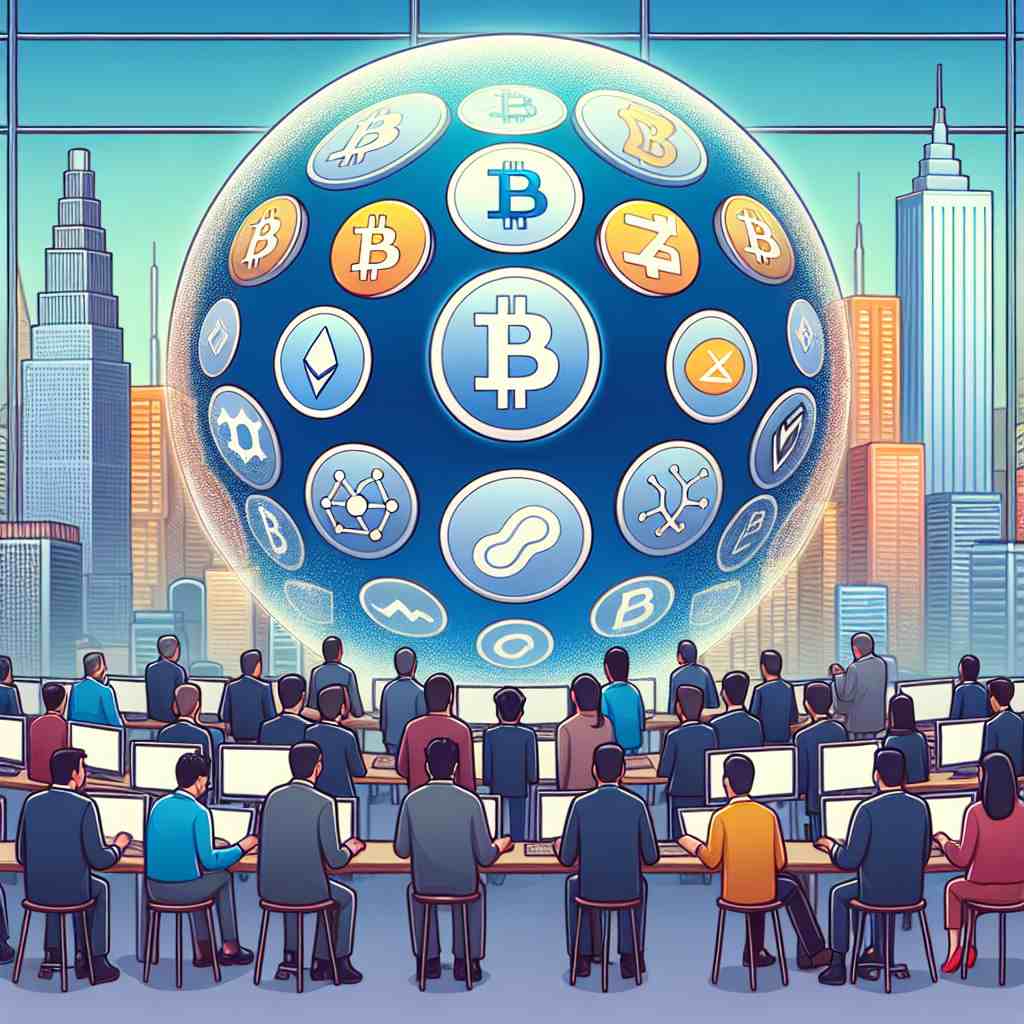 s-「巨大な風船の中に仮想通貨ロゴがたくさん入っている、周りにはトレーダーたちがそのバブルを見守っているシーン。」_ (1)